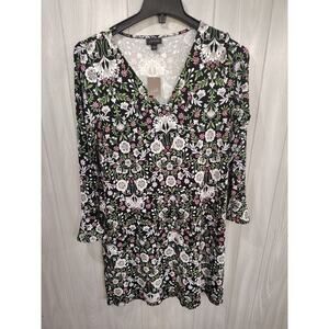 Women's Jill Dark Floral Bell Sleeve Fairy Dress Stretchy Size M Peasant Cottage